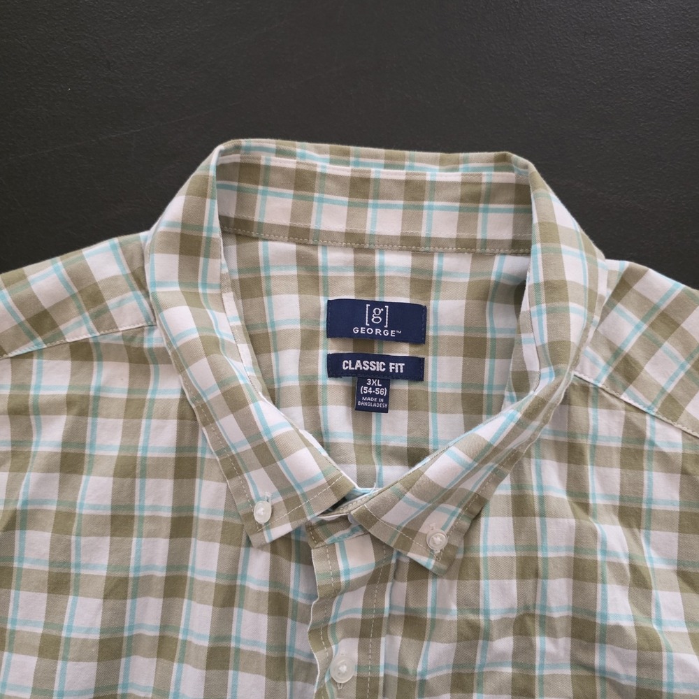 George Plaid Shirt Button Down Olive White Blue Short Sleeves Mens Big‎ Tall 3XL - Picture 7 of 12
